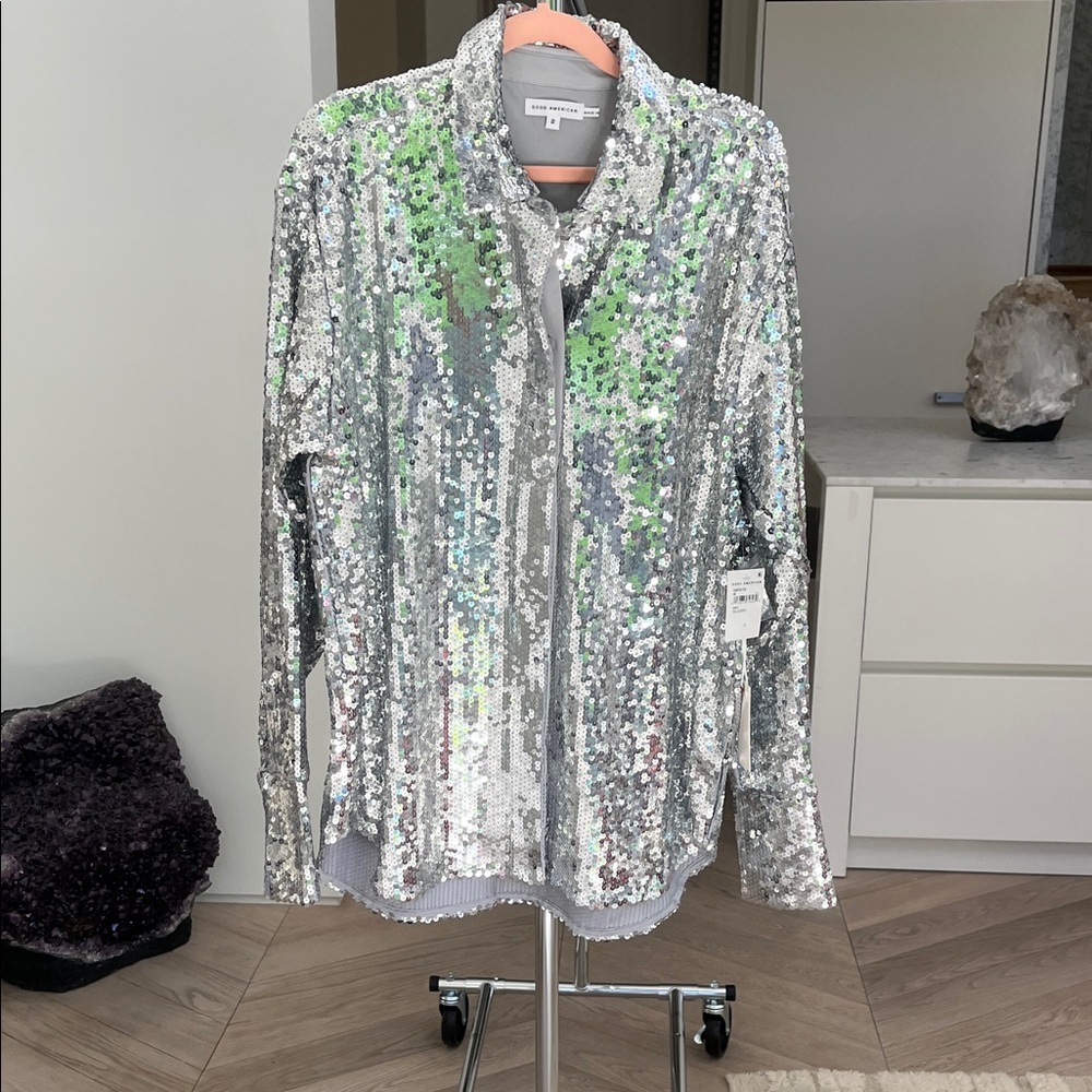 Silver Sequin Button-Up Shirt
